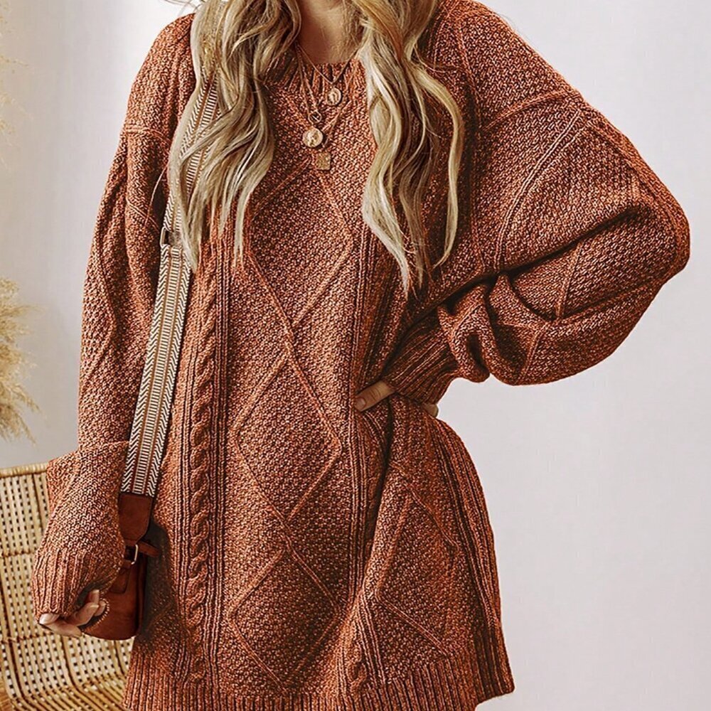 Brown Women's Casual Textured Knit Oversized Loose Fit Dress